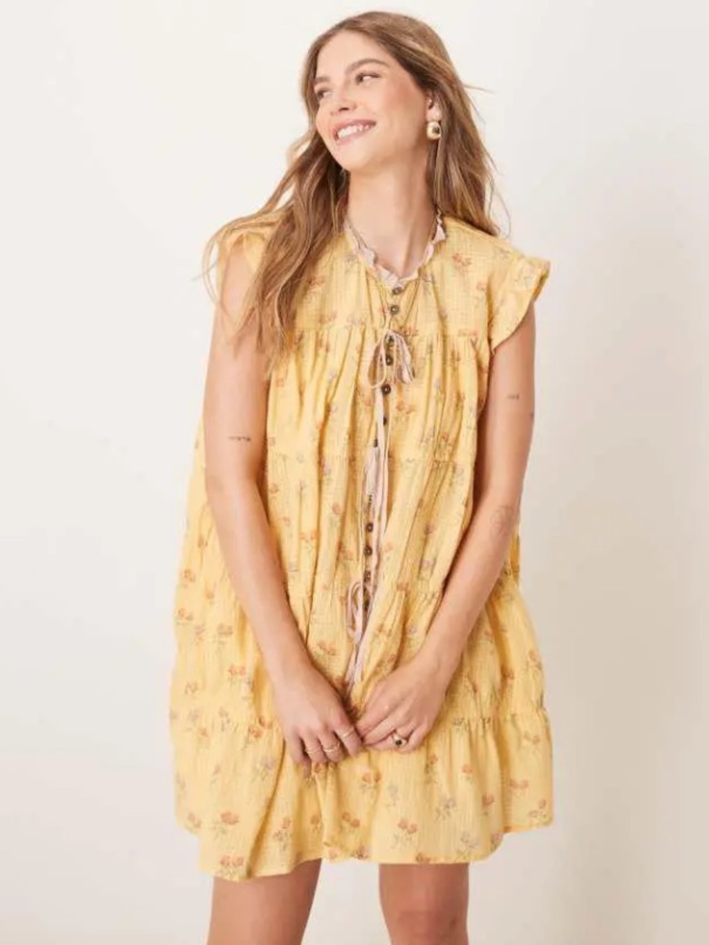 Free People sundown ditsy print smock mini dress in yellow NWOT - Picture 6 of 9